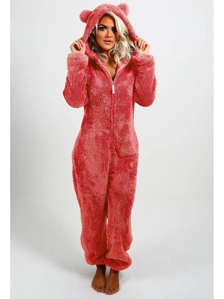 2025 European & American Autumn/Winter Women's Fleece-Lined Fur Jumpsuit Pajamas, Hooded, Available in 17 Colors