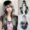 Halloween Long Body Wave Wigs Air Bangs Lolita Cosplay Wigs Black and Gray Gradient Wigs  for Women