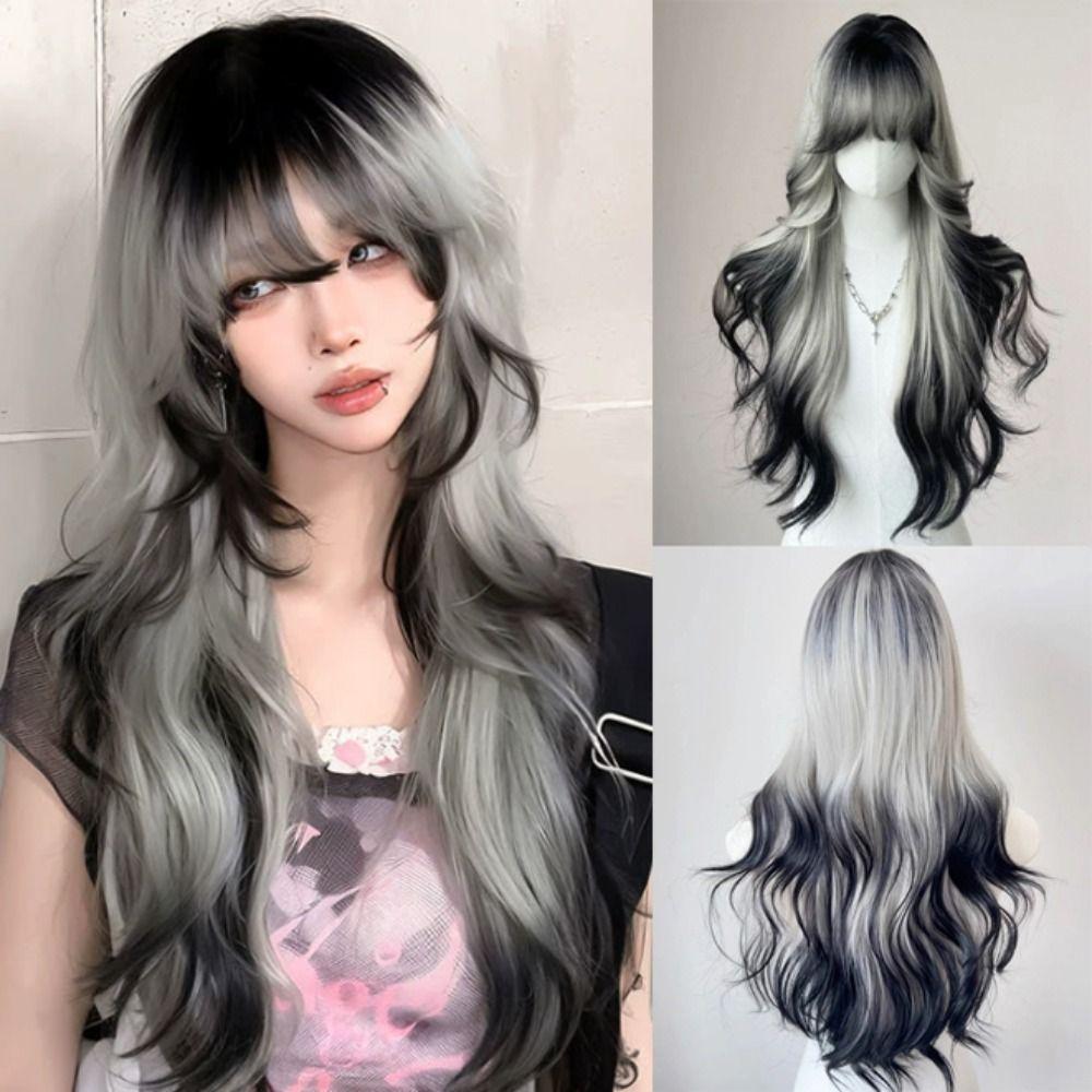 Halloween Long Body Wave Wigs Air Bangs Lolita Cosplay Wigs Black and Gray Gradient Wigs for Women