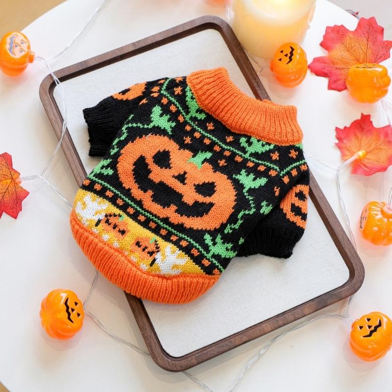 Pumpkin Pattern Pet Sweater Knitwear for Small Dog Cats Pullover Costume 2 Leg Clothes For Halloween Party Cold Weather