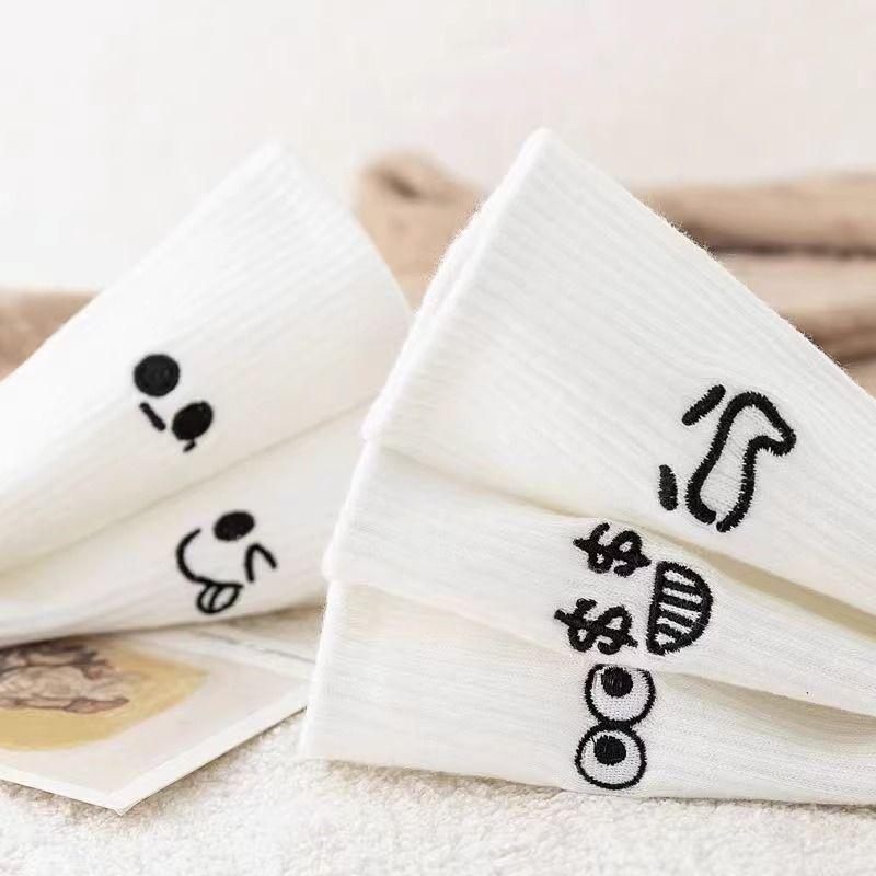 5 Par Damstrumpor med Tecknat Mönster Rund Hals Mellanlångt Skaft Trendiga Söta Uttrycksmönstrade Strumpor Casual Andningsbara Höst Flickstrumpor