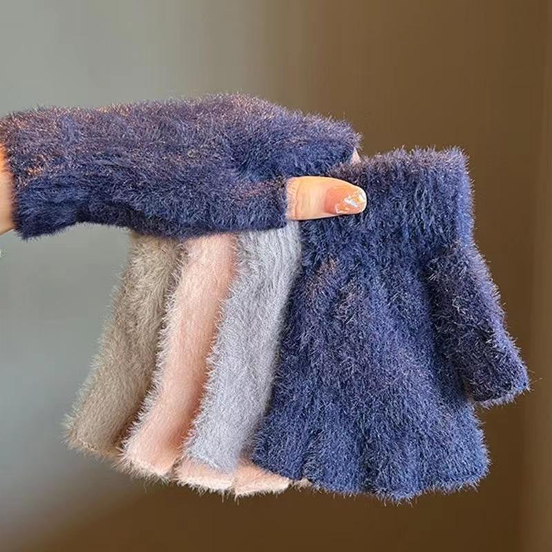 Persimmon Ruyi~ Cute Knitted Wool Gloves for Women's Winter Touch Screen Warm and Cold-proof Plush Student Cycling Gloves