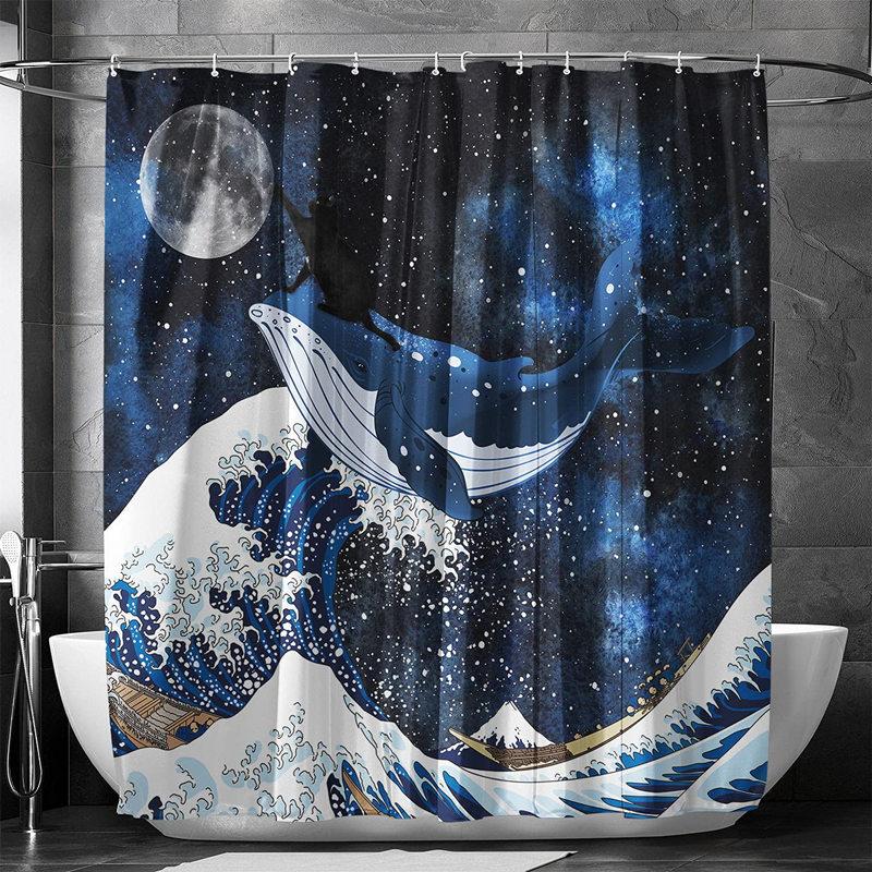 Pirate Cat Riding Shark Shower Curtain Funny Space Galaxy Rainbow Waterproof Fabric Bath Curtain With Hooks For Bathtub Decor