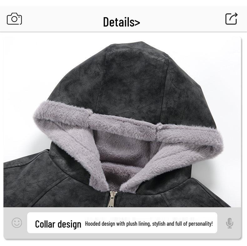 Zuo Shan Diao Winter Leather Jacket with Fur Collar - Couple Style, Plush Velvet, Thickened Cotton, Lychee Pattern