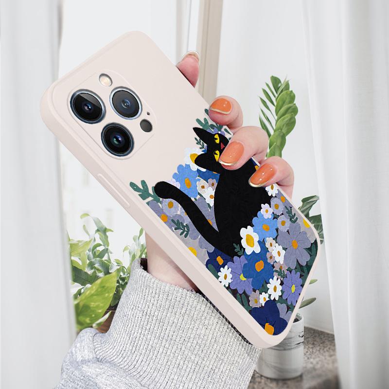 

Для iPhone 16 15 14 13 12 Pro Max 13 12 Mini 14 15 16 Plus SE мультяшный черный кот и цветы жидкий силиконовый чехол для защиты линз iPhone 12 Pro Max белый