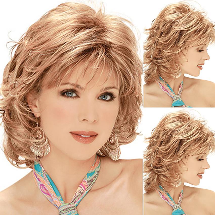 Golden Brown Curly Hair Wig Ladies Fashion Cos Short Hair-Wigs Women BOB Ombre Blonde Full Headwear Cosplay Wavy