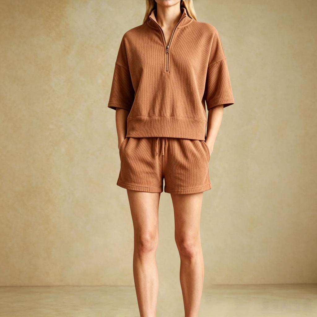 Damen Lässiges Sport-Zweiteiler-Set mit halbem Reißverschluss und geripptem Kragen, Kurzarm-Oberteil und Shorts, Loungewear