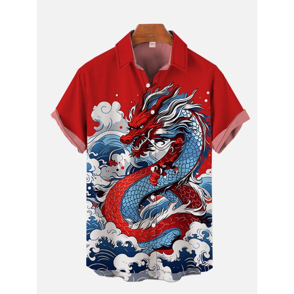 Men's Shirt Dragon Print Casual Daily Tops 3D Printing Short Sleeve Shirt Summer Fashion Unisex Hawaiian Samurai Cat Shirts