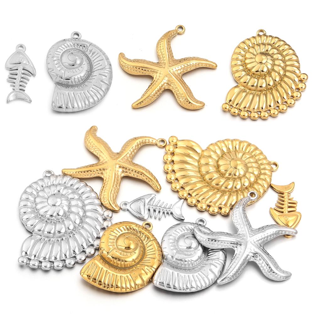 4pcs/lot Stainless Steel Marine Animal Pendant Starfish Conch Fishbone Shape Charms For DIY Necklace Earring Jewelry Accessories