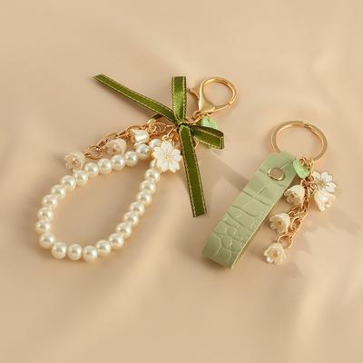 2pcs Lily of The Valley Flower PU Leather Keychain for Women Fashion Sweet Key Chains Green Fairycore Accessories