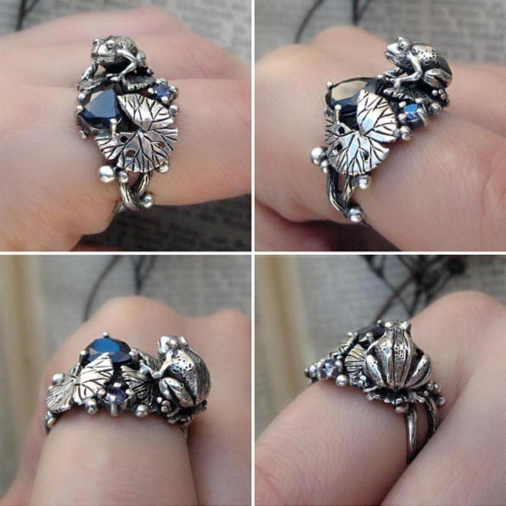 Open Ring Vintage Thai Silver Lotus Frog Ring Totem Mascot Silver Jewelry for Women Men no. 6 сапфировый