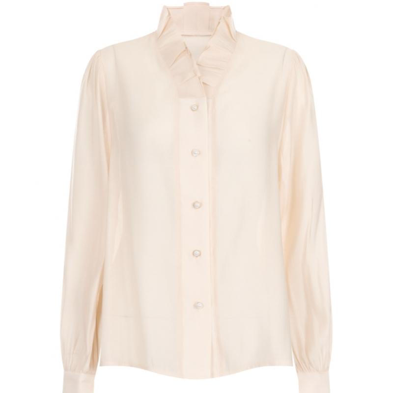 Shop Women Frill Neck Pearl Button Long Sleeve Tencel Blouse Black Con Wbl 206