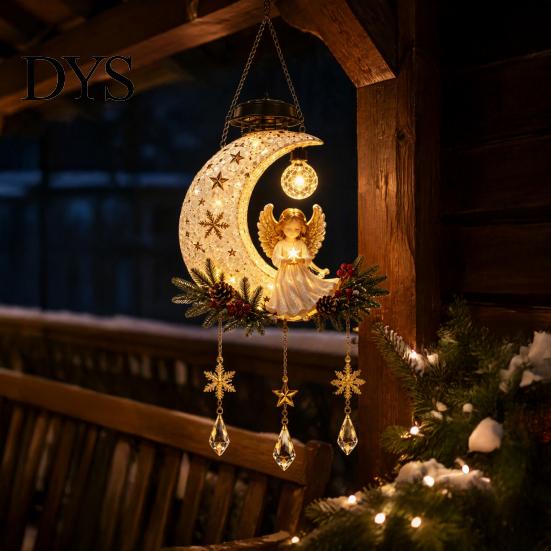 Festive Holiday Gift for Friends Solar Angel Moon Light, Christmas Hanging Lantern with Warm Glow, Resin Weather Resistant Ornament Outdoor