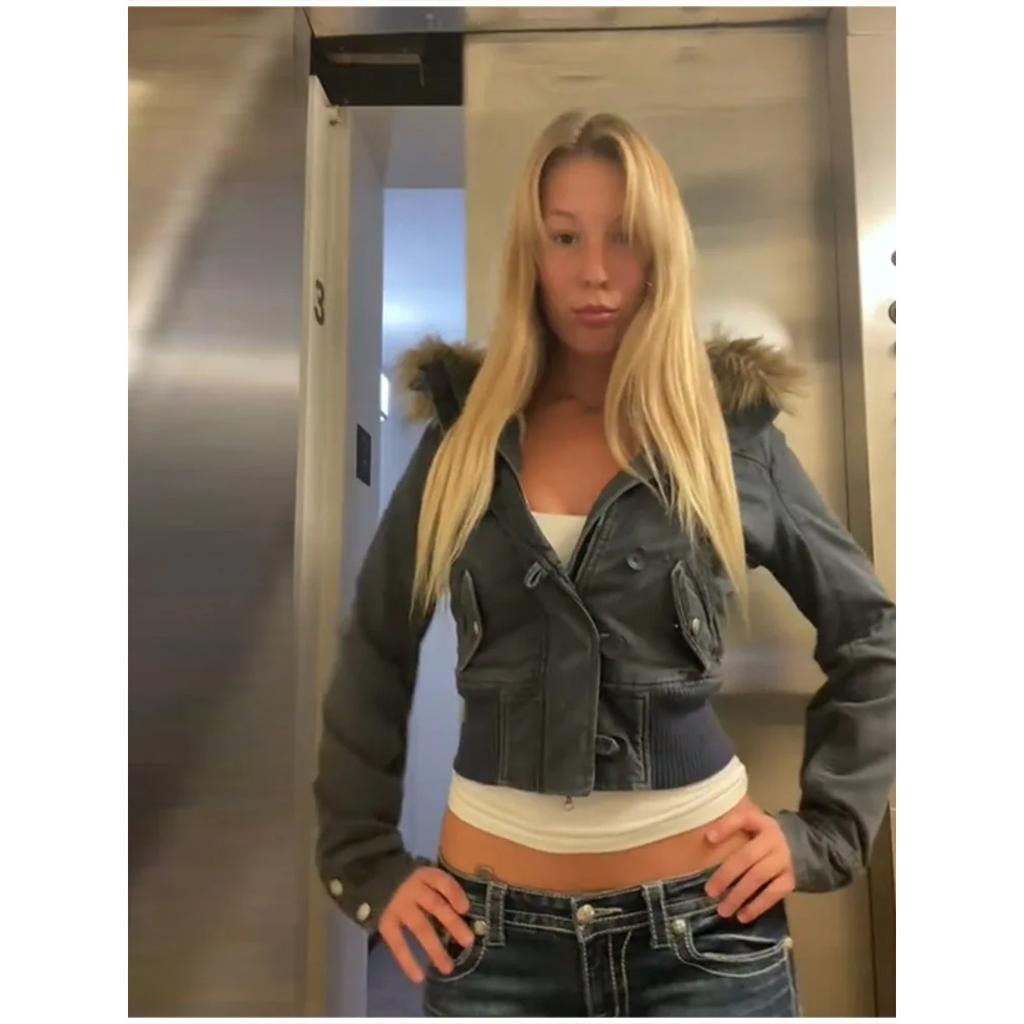 Autumn Winter Vintage Brown Short Hooded Jacket Women's Full Sleeve Slim Detachable Fur Collar Warm Female Y2k Outwears