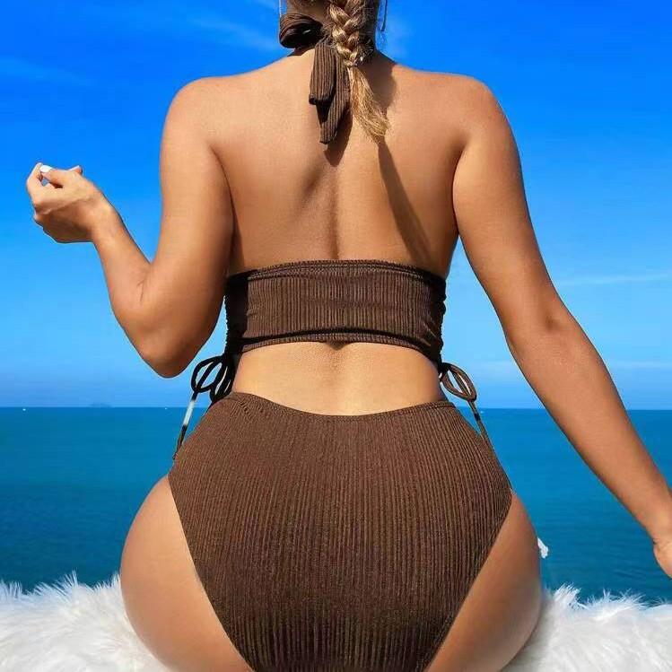 1011 new European and American high-waisted sexy lace-up pit strip bikini split swimsuit swimsuit bikini