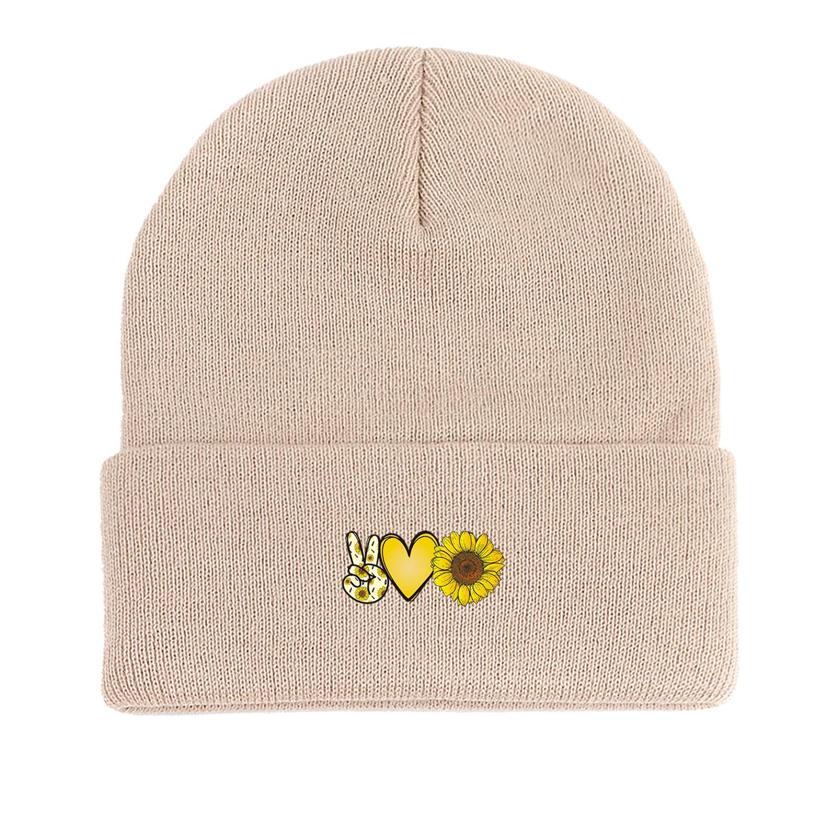 

V Gesture Sunflower Warm Knit Cap Beanie, Skullies Beanies Stretchable Autumn Leisure Pompom Beanies Knitted Hat Beanie as the picture бежевый