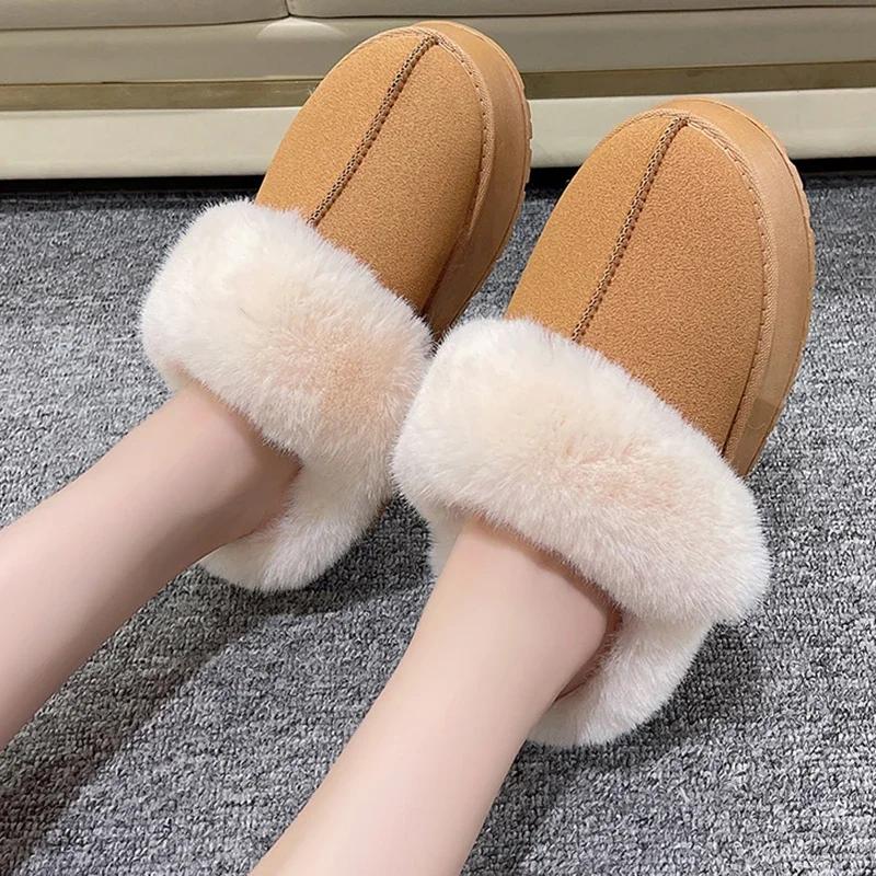 Fashion Women Thick Sole Faux Fur Slippers Winter Plush Warm Cotton Shoes Woman Indoor Outdoor Non Slip Fluffy Platform Slippers 2024
