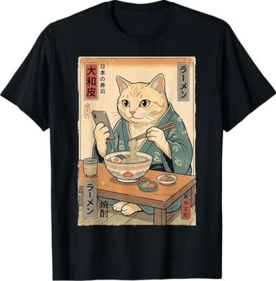 Funny Cat Eating Ramen Retro Japanese T- Shirt