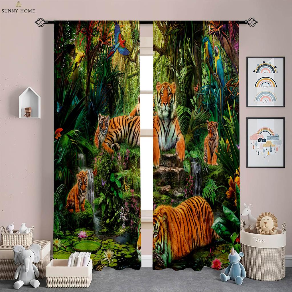 Lion Forest Animal 3D Printed Curtains Children's Room Living Room Study Decorative Curtains Home Decor 2 Pieces