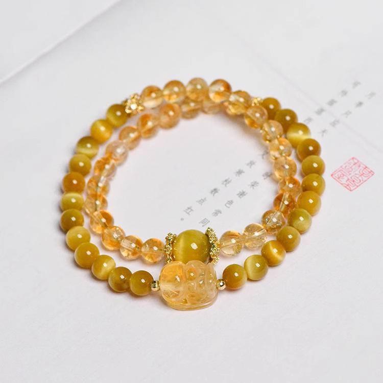 Natural yellow crystal Pixiu bracelet for women, niche high-end gold tiger eye bracelet, double-loop yellow crystal bracelet for women