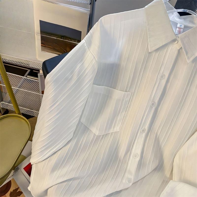 Solid Color Women's Shirt Striped Design Turndown Collar Single Breasted Pocket Famale Thin Shirts Summer Loose Casual Ladies Long Sleeved Top