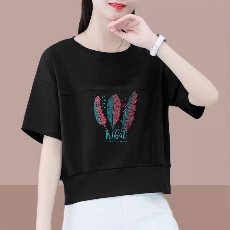 

Women s Petite Summer Cotton T-Shirt - Short-Sleeved, Letter Print, Loose Fit, Slimming, Base Layer. 2XL (125-135 jin)