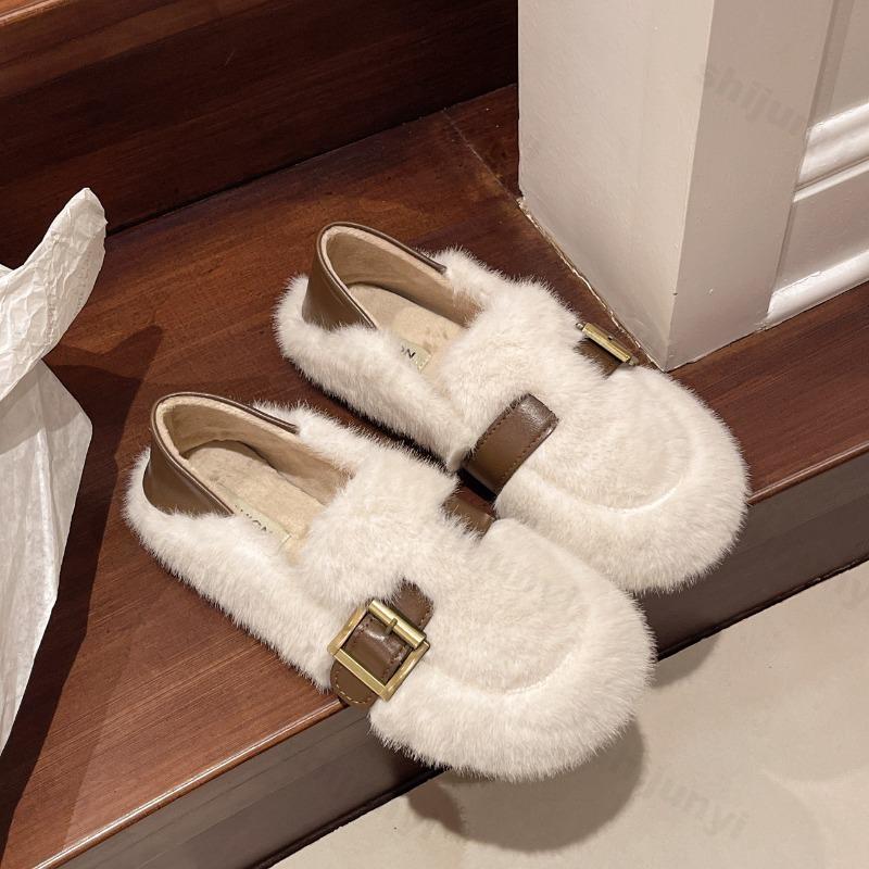 Fashion Soft Soled Elegant Casual Flat Plush Shoes Women's 2025 New Autumn Comfortable Shallow Mouth Slip on Fashion Cotton Single Shoes
