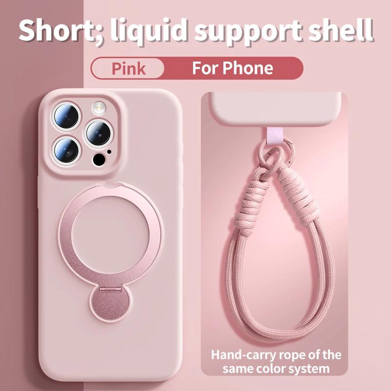 Liquid Silicone Magnetic Phone Case For Magsafe IPhone 13 14 15 16 Pro Max With Hanging Wrist Rope Strap Bracket Protective