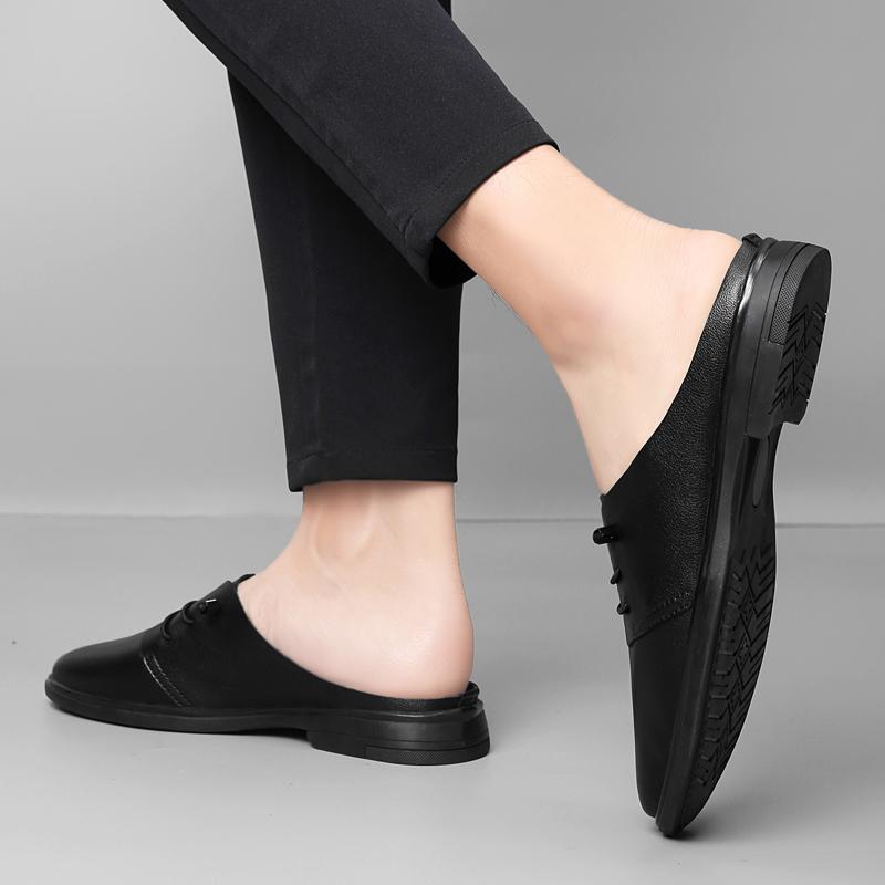 Fashion Genuine Leather Mules Footwear Breathable Slip on Walking Shoes New Flats Men Comfortable Half Slippers Male Casual Moccasins
