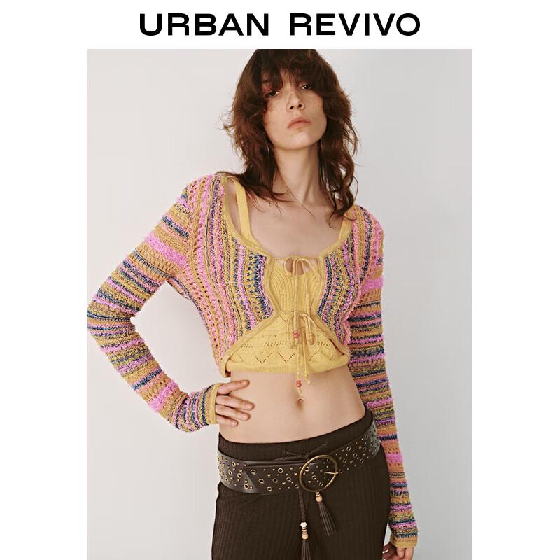 UR 2025 Autumn Multicolor Woven Texture Tie-Waist Knitted Cardigan