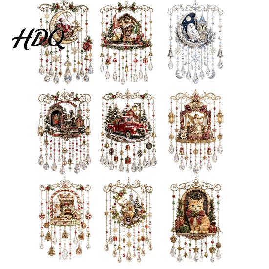Clear Faceted Crystal Pendant Christmas Wind Chime with Bead Chain Cat Car/Owl Xmas Tree Ornaments Pattern Design Retro Hanging Ornament for