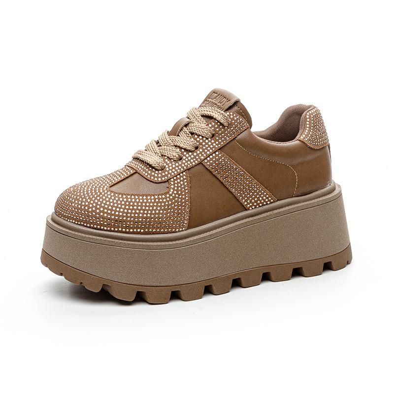 Thick-soled heightening German training shoes women's 2025 autumn models retro matte leather plus rhinestones casual fashion sports board shoes wome