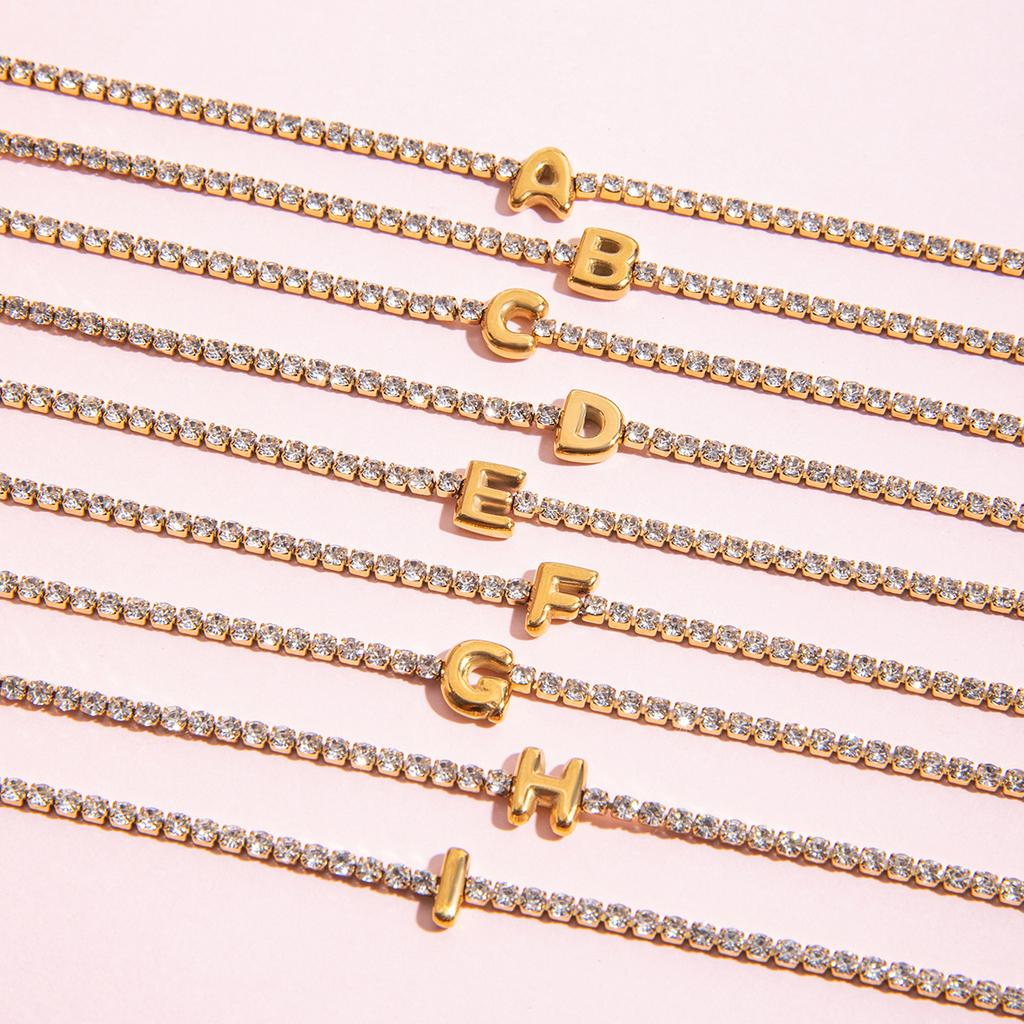Waterproof Stainless Steel 26 Initial Letter Bangle Bracelet for Women Luxury Rhinestone Hand Chain Bracelet Stackable Jewelry