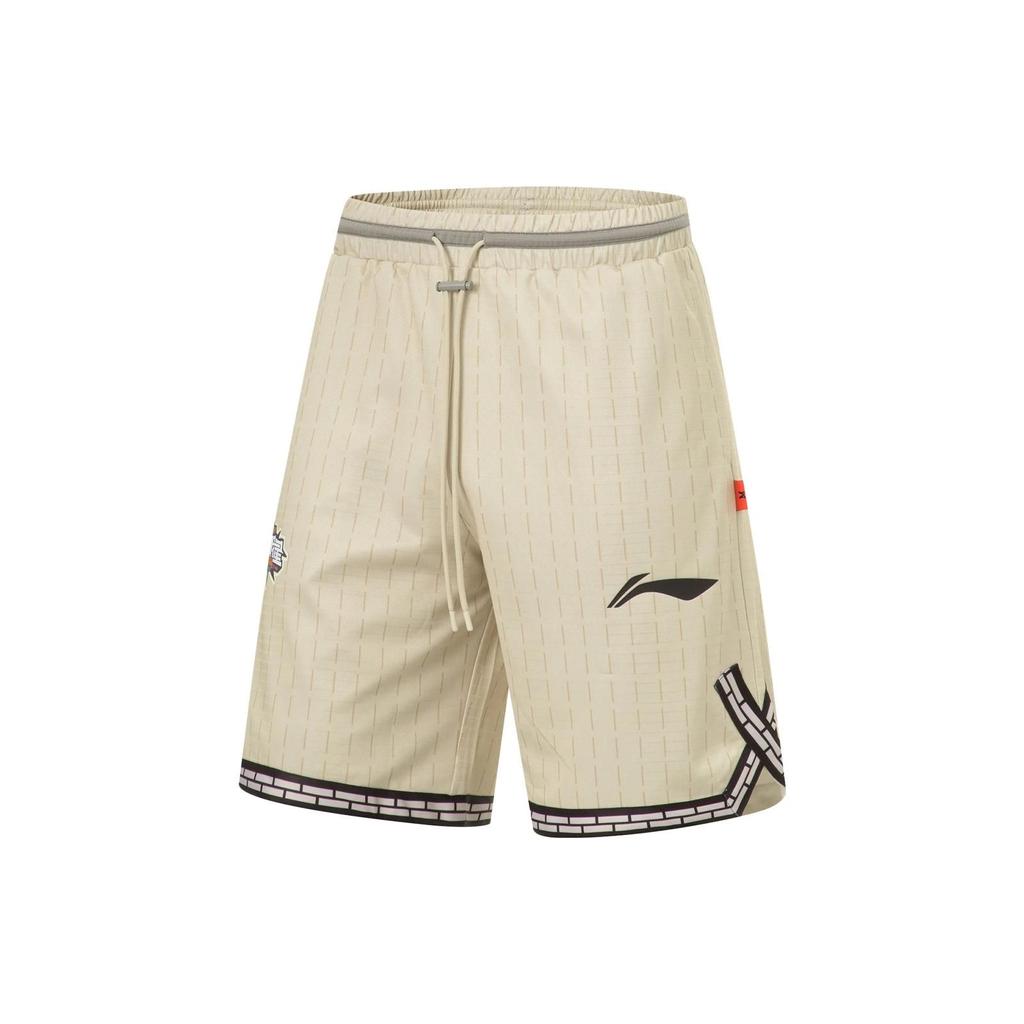 Li-Ning Sports Basketball Series Logo Print Drawstring Elastic Waist Straight-Leg Quick-Dry Loose Basketball Shorts Men Bottoms AAPT561-2
