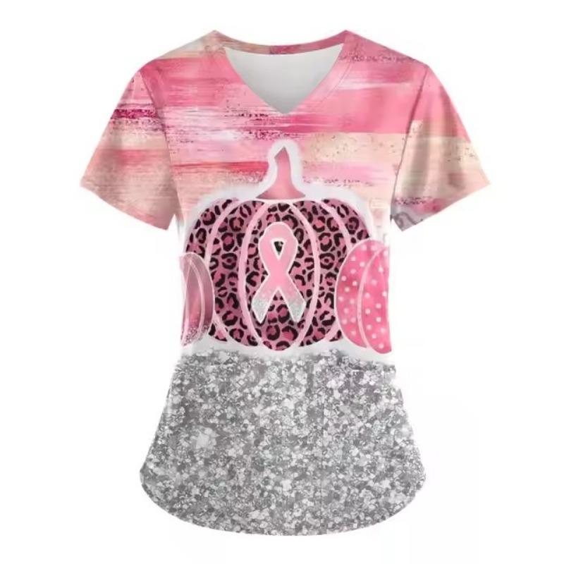 Scrubs Medicinsk Uniform Rosa Bandet Cancerkämpe Grafik Damuniformer V-ringad Kortärmad Toppar med Fickor Scrubs Damer