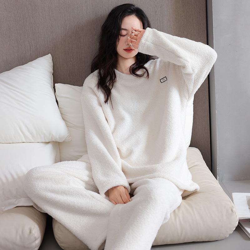 Half Fleece Pajamas Women'S Autumn And Winter Red Natal Year Coral Fleece Fleece Thickened Warm Loungewear Set