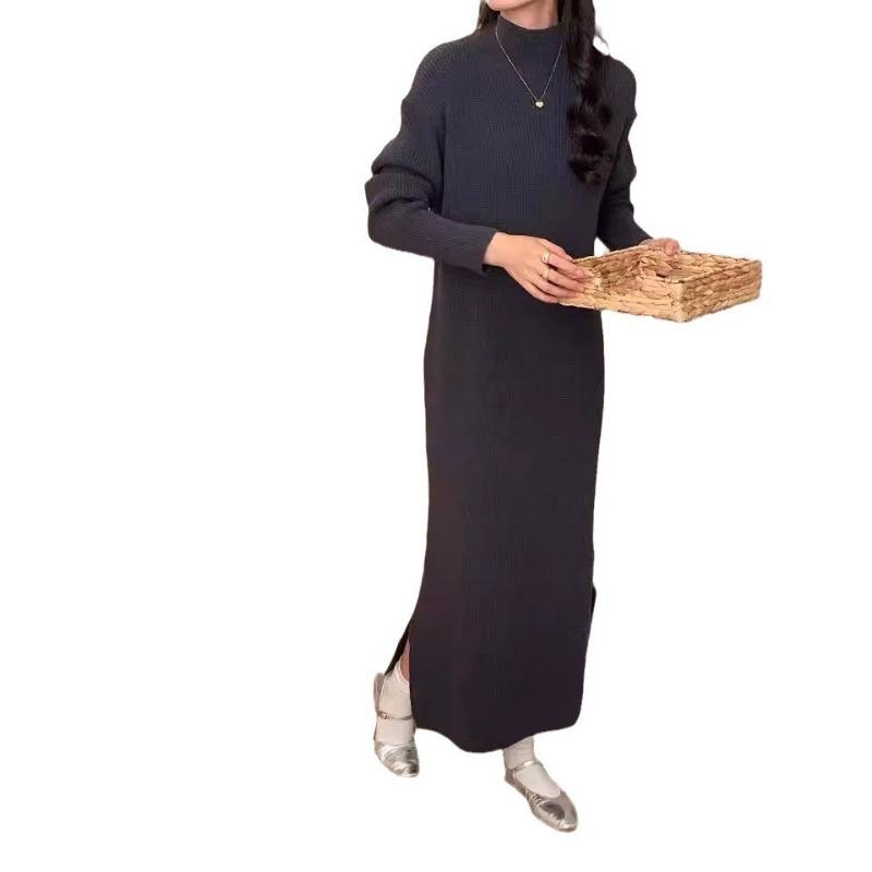 Semi-turtleneck knitted dress autumn and winter with long base over the knee temperament versatile split sweater skirt women