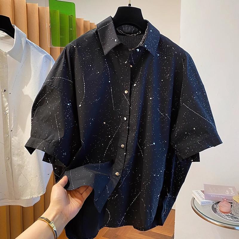 Summer Korean Style Black Splatter Paint Short Sleeve Shirt Comfortable European Trendy Unique Top