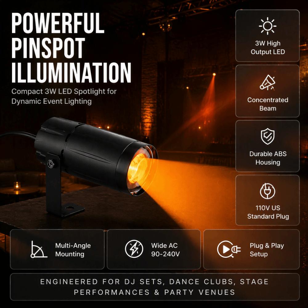Spina USA 110V Spotlight a Fascio LED Calotta Nera Mini Spot Light Pinspot Luce da Palco Eventi DJ