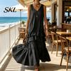 Women Dress Women's Sleeveless Summer Long Tank Dress, V Neck Tiered Layered Lotus Leaf Skirt Ruffle Maxi Casual Loose Flowy Beach Sundress