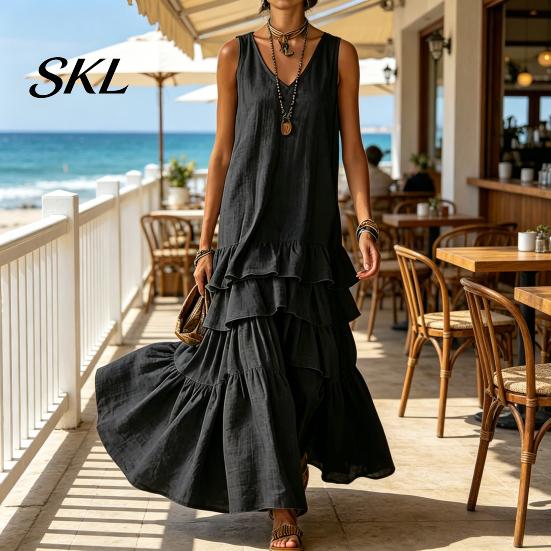 Women Dress Women's Sleeveless Summer Long Tank Dress, V Neck Tiered Layered Lotus Leaf Skirt Ruffle Maxi Casual Loose Flowy Beach Sundress