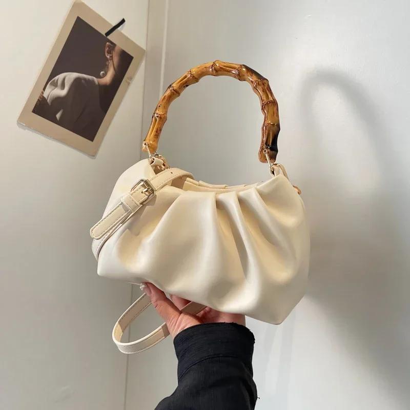 Solid PU Pleated Hand Bags for Women Bamboo Handle with Zipper Buckle Fashion