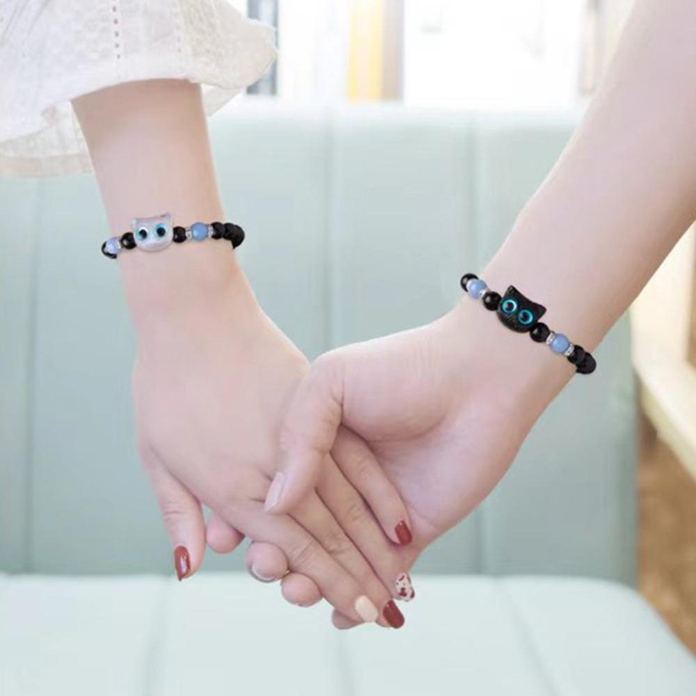 Creatieve Leuke Stereo Lichtgevende Zwart Wit Katje Hanger Ketting Armband Sets voor Vrouwen Koppel Sieraden Sets Accessoire Cadeau
