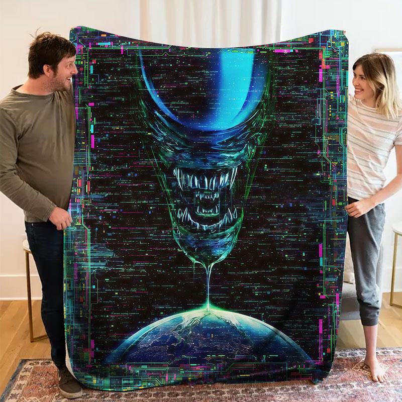 1Pc ArtAlien Print Flannel Blanket, High quality Comfortable for All Seasons, Warmth and Comfort, Perfect for Christmas Gifts