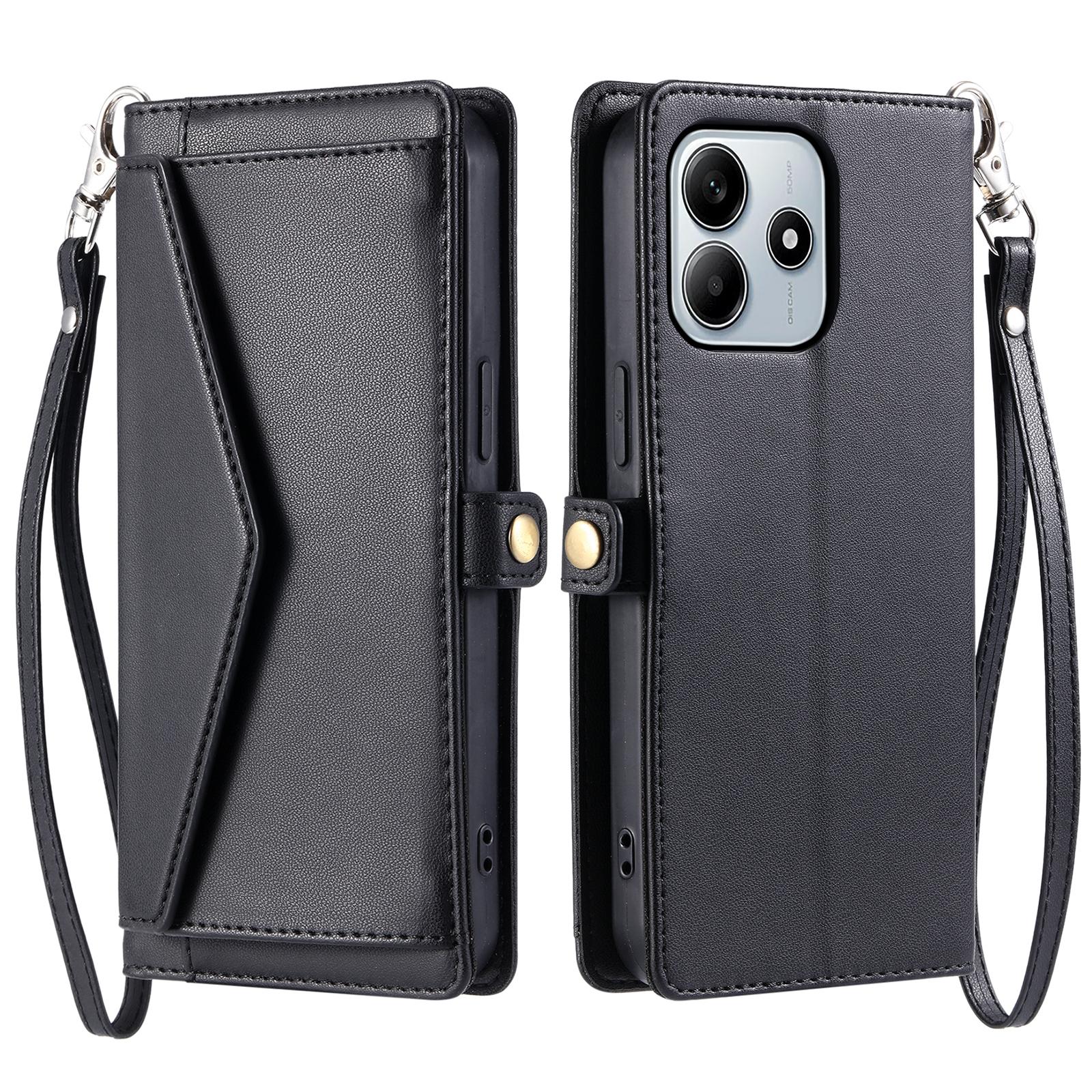 

Leather Case for Xiaomi Redmi Note 14 4G (163.25x76.55x8.16mm) Wallet Stand Phone Cover with Straps Black