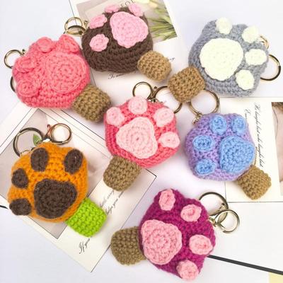 Handmade Knitted Cartoon Animal Paw Keychain - Cute Cat & Dog Ornament for Girls' Bags