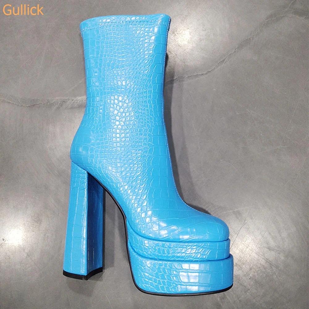 Fashion 2025 Autumn Winter New Square Toe Boots Double Platform Chunky Heel Super High Heel Snake Pattern Side Zipper Women Short Boots