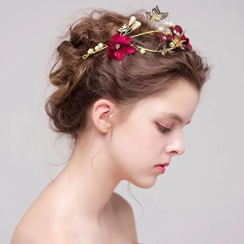 New Chinese Elegant Red Flower with Pearl Bride Wedding Headwear Retro Handmade Flower Ring Crown Performance Photo Accessories