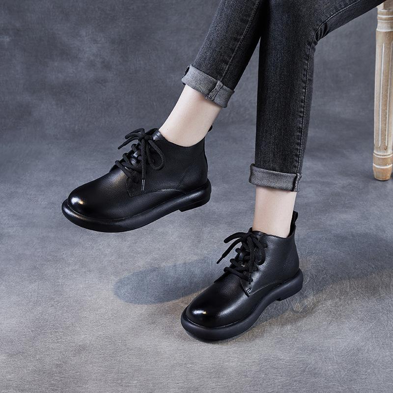 Autumn and Winter New Leather Single Boots Women's Casual 100 Retro Short Boots Soft Bottom Flat Bottom Boots Lace Up First Layer Cowhide