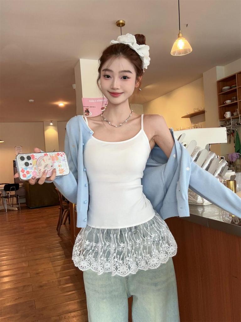 Summer Korean Color-Block Lace Trim Ballet Style Sweet Camisole Top